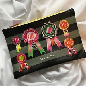 Sephora Makeup Bag Travel Black Yellow Zip Striped Bows NEW